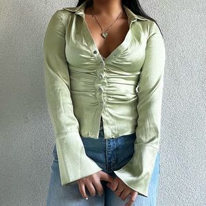 Satin green snap up top
